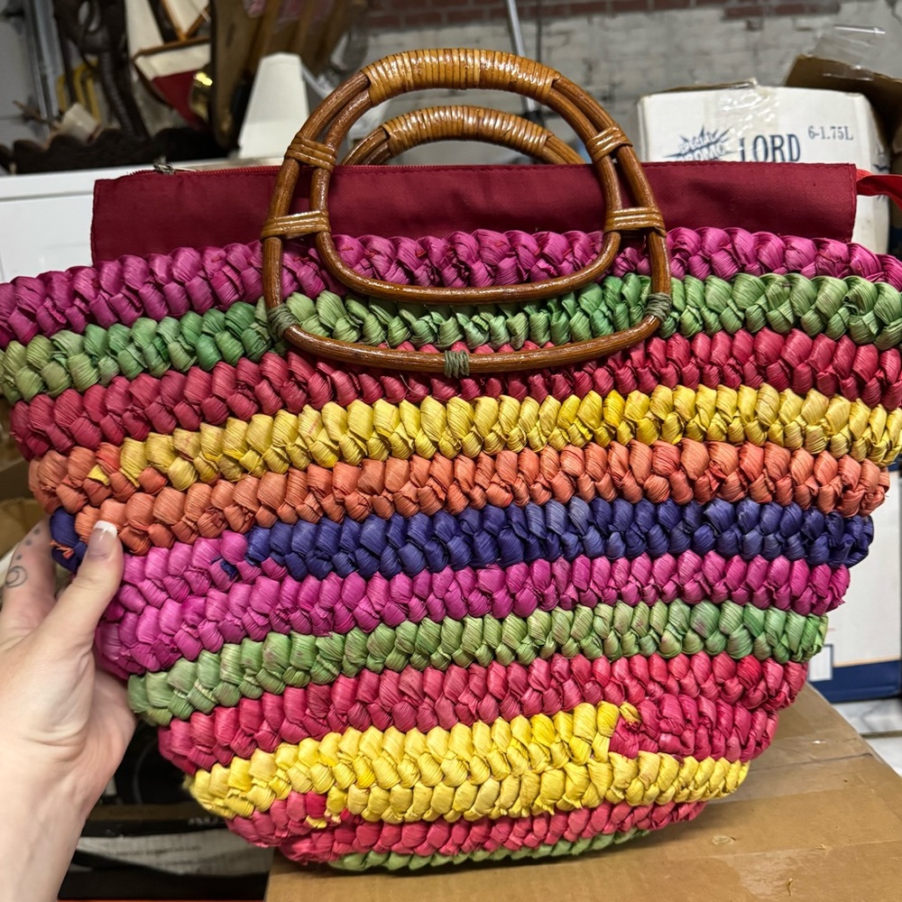 Beach babe Red and Pink Tote with Bamboo Handles
